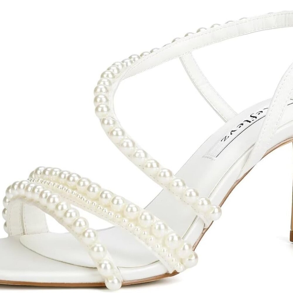 Pearl Wedding Shoes Satin Pearl Heels Bridal Open Toe Strappy 8 Ivory